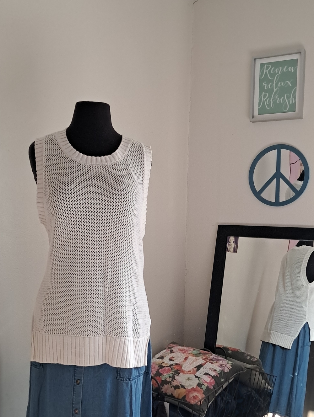 CAbi White Open-Weave Crewneck Sweater